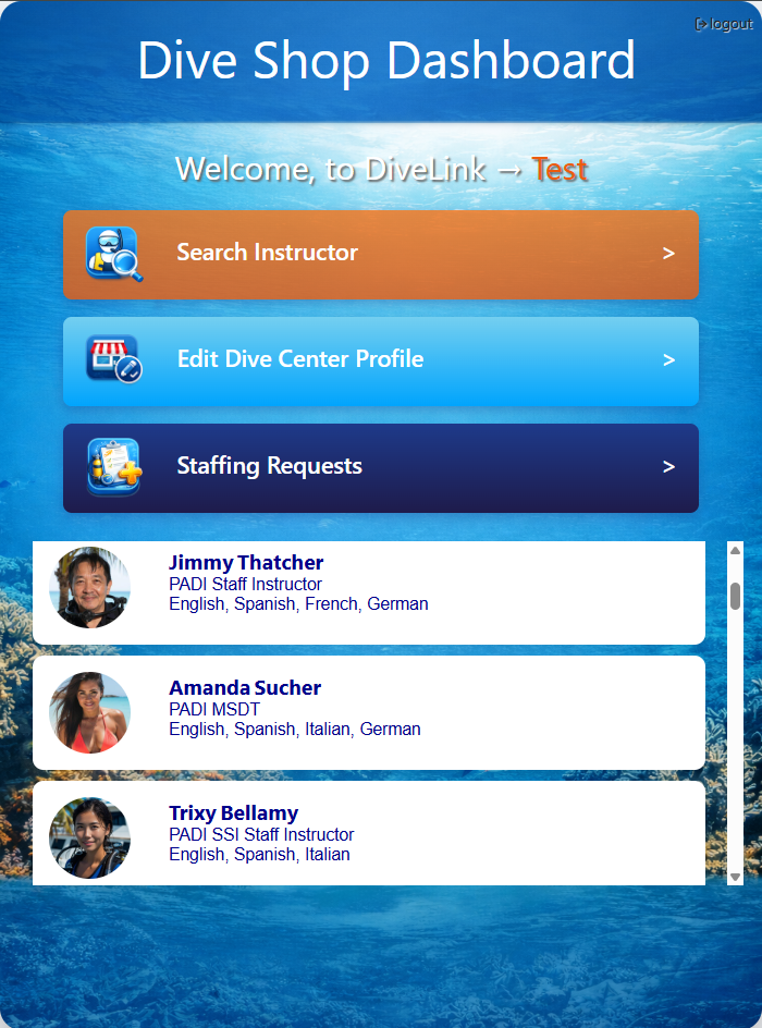 DiveLink screenshot: Dive Shop Dashboard
