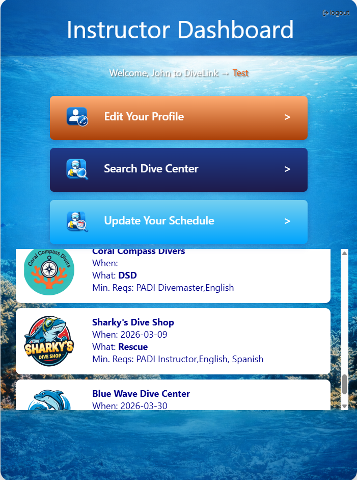 DiveLink screenshot: Instructor Dashboard