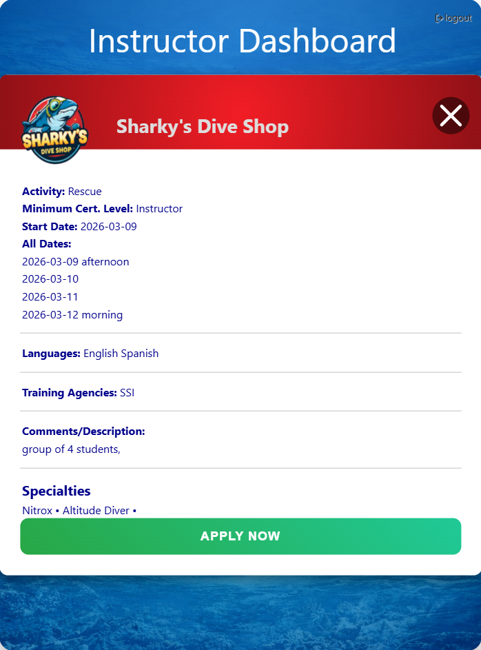 DiveLink screenshot: Staffing Request Detail