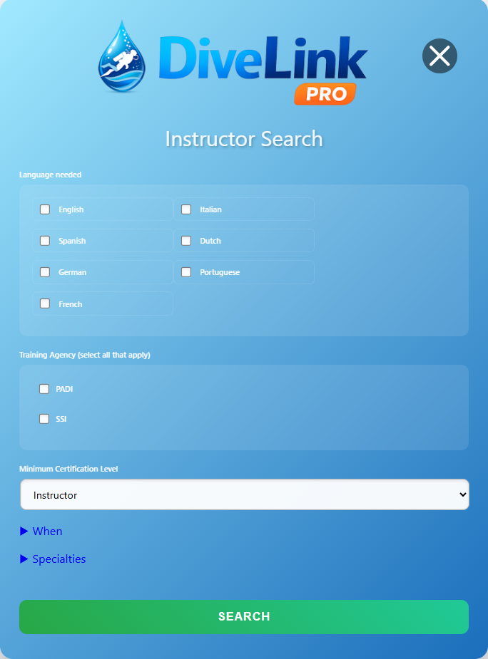 DiveLink screenshot: Instructor Search