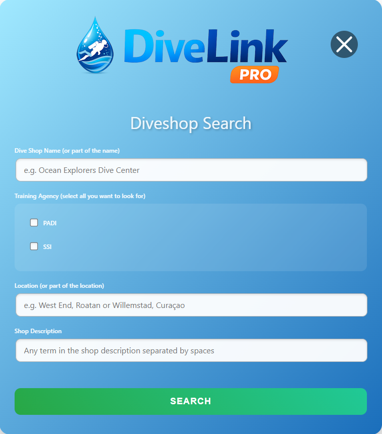 DiveLink screenshot: Dive Shop Search