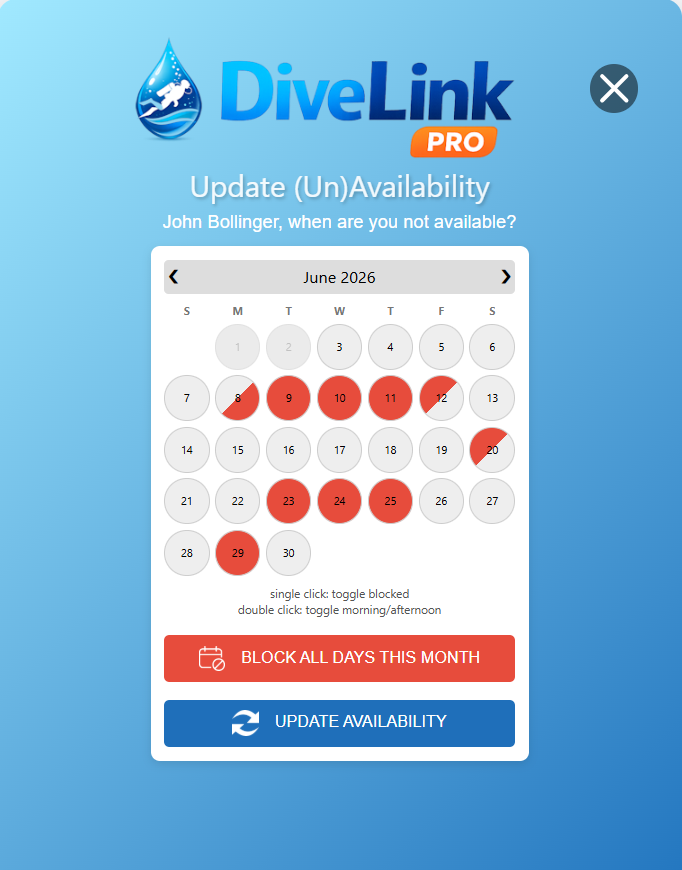 DiveLink screenshot: Update Your Availability